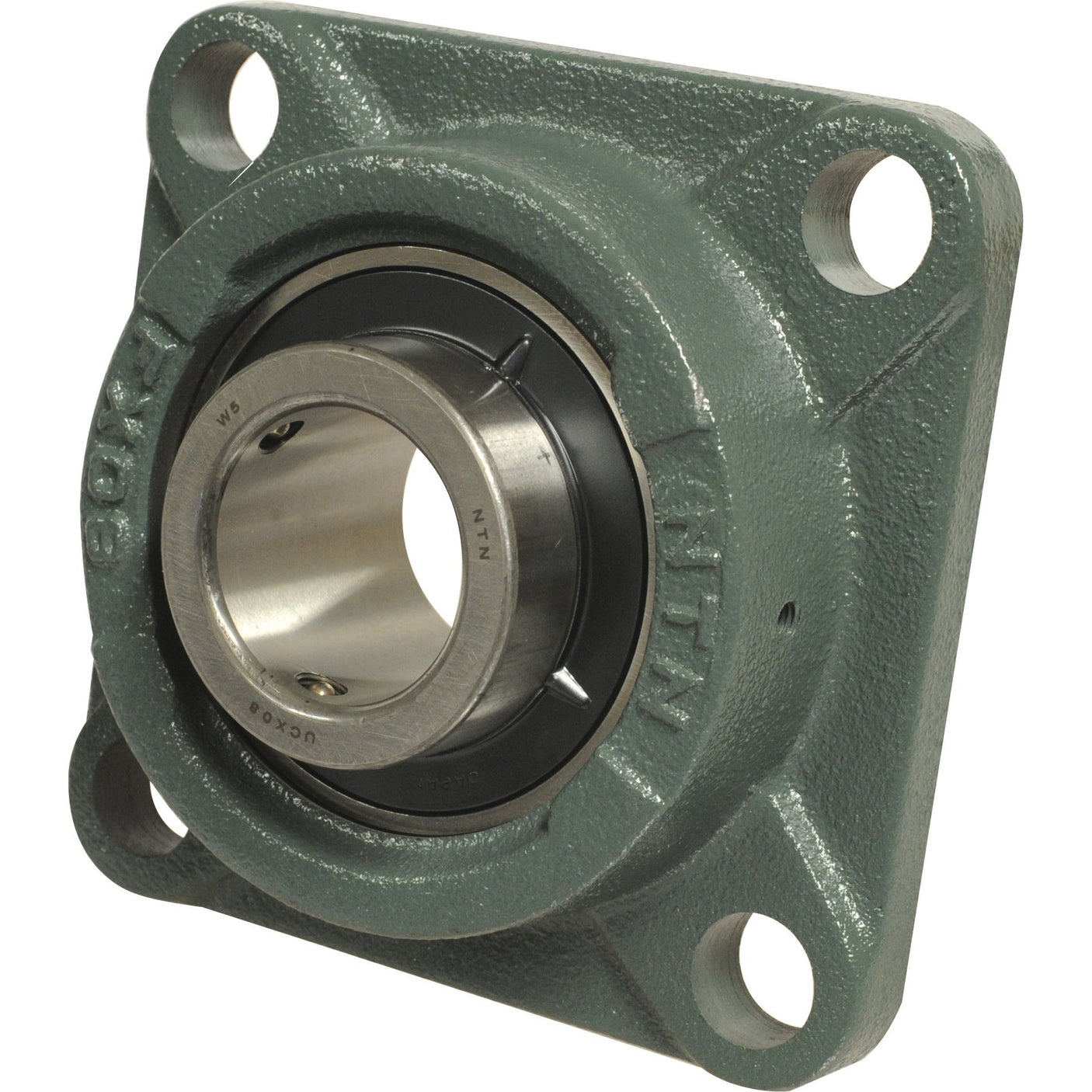 Close-up of a Sparex SNR Four-Bolt Flanged Unit (UCFX13-40), featuring a green housing and a central metal bearing by NTN. The unit has four corner mounting holes.