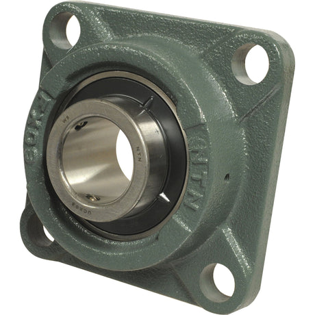 Image of a Sparex NTN SNR Four-Bolt Flanged Unit (UCFX15-48), Sparex Part No.S.129974, in green cast iron with four mounting holes and an inner circular bearing.