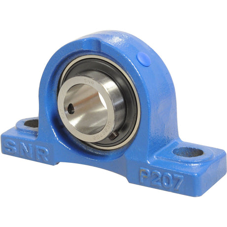 A Sparex NTN SNR Two-Bolt Pillow Block Bearing (UCP204) in blue, featuring a metal shaft insert for mechanical mounting and support.