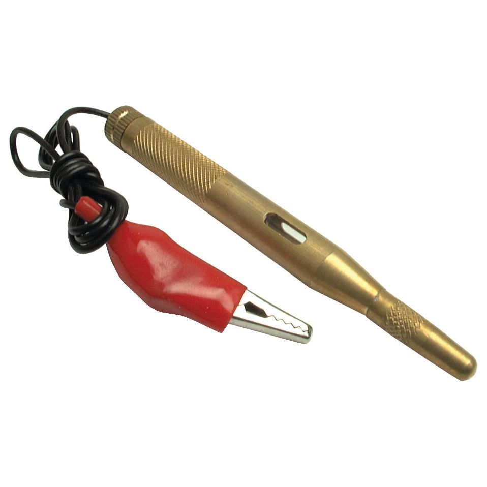 The Sparex 12v Electrical Circuit Tester - S.12339 features a steel probe for diagnosing 12V DC circuits, connected by a black wire to a red alligator clip. This product is made with quality brass and is designed for accurate electrical testing.