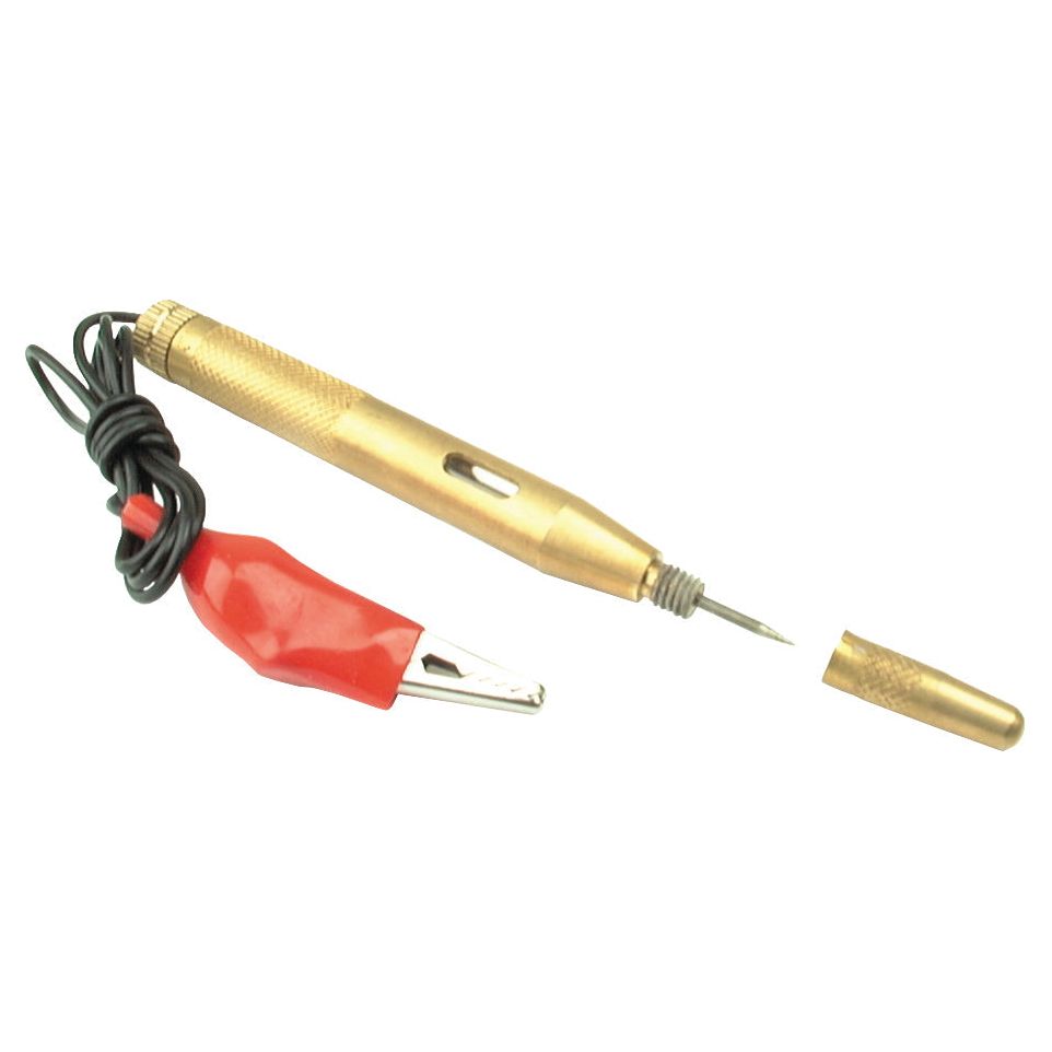 The Sparex 12v Electrical Circuit Tester - S.12339 features a brass body, black coiled wire ending in a red alligator clip, and a steel probe for identifying issues in 12V DC circuits. It also includes a removable cap situated on the right side.