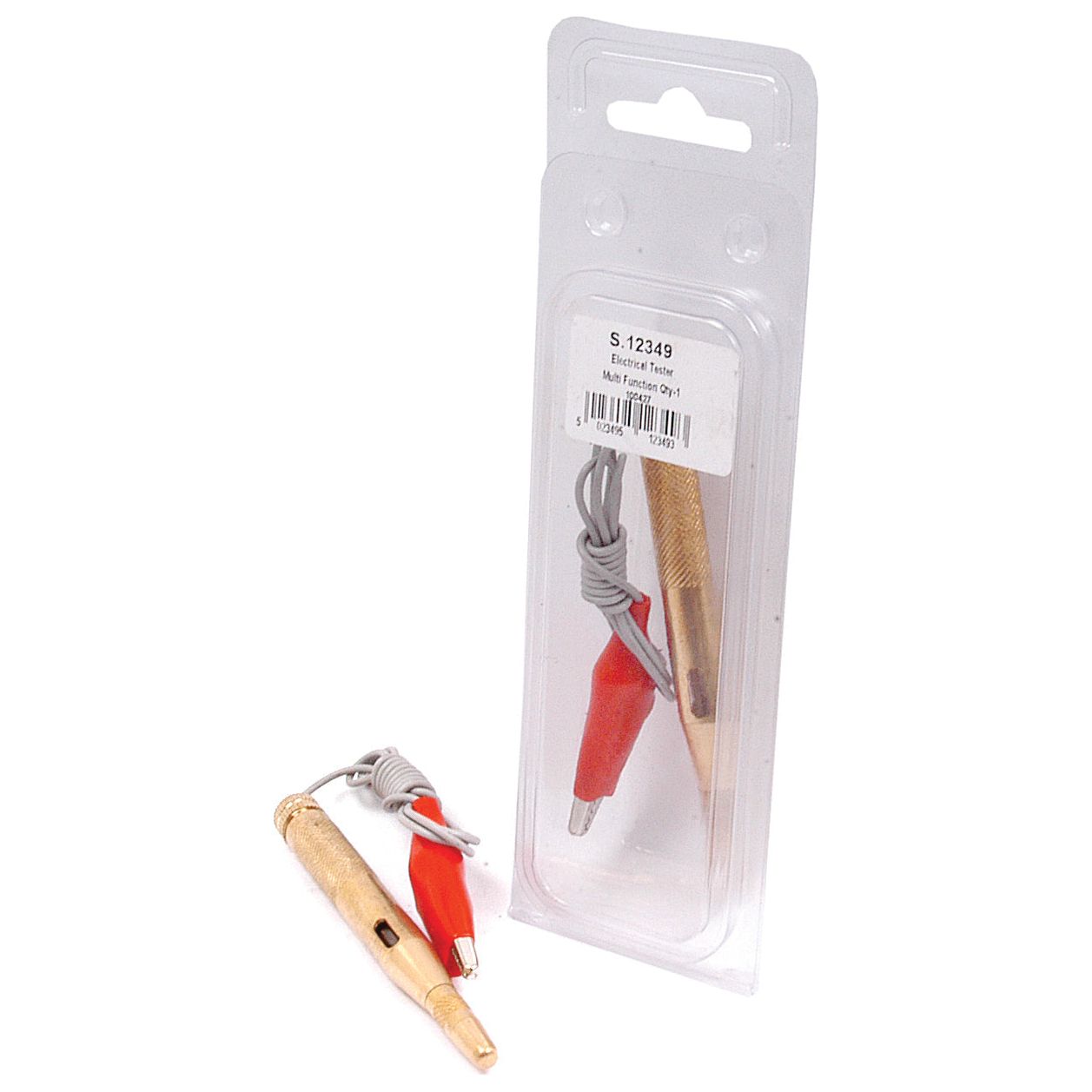 The 12v Electrical Circuit Tester - S.12349 by Sparex is shown packaged with a steel probe, red and gray alligator clips, and a wooden handle. The tester, ideal for tracing electrical faults in 12V DC circuits, is also displayed outside of its packaging.