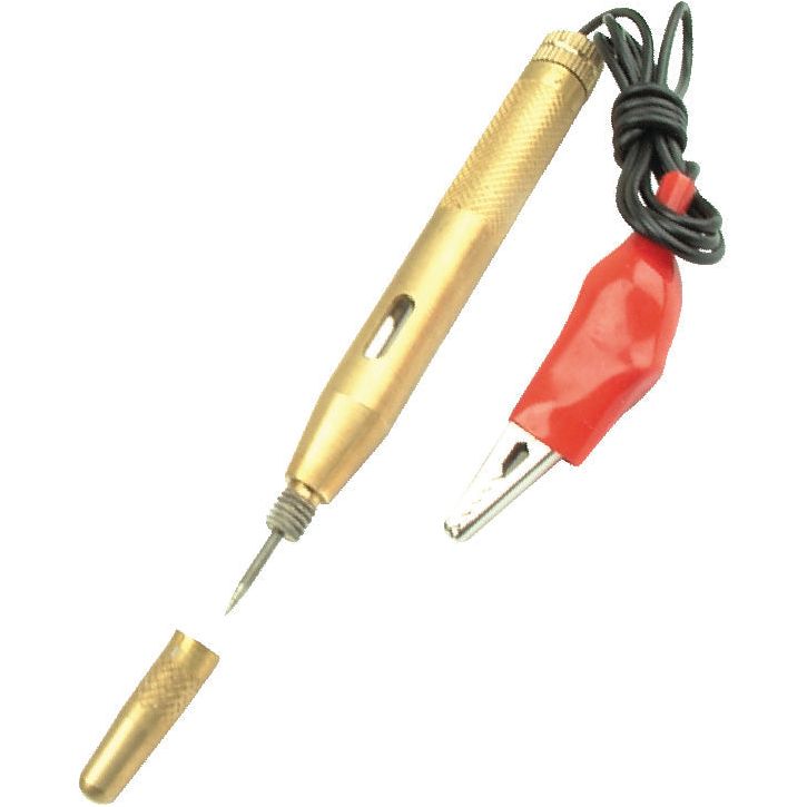The 12V Electrical Circuit Tester - S.12349 from Sparex is perfect for tracing electrical faults in 12V DC circuits. It features a black wire attached to a red alligator clip and a pointed steel probe tip, displayed here with its cap removed.