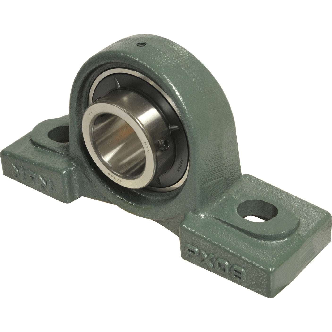 A green two-bolt pillow block bearing unit with a metal insert, featuring two bolt holes for secure mounting. This Sparex product, NTN SNR Two-Bolt Pillow Block Bearing (UCPX14), also known by Sparex Part No. S.130014, ensures durability and precision.