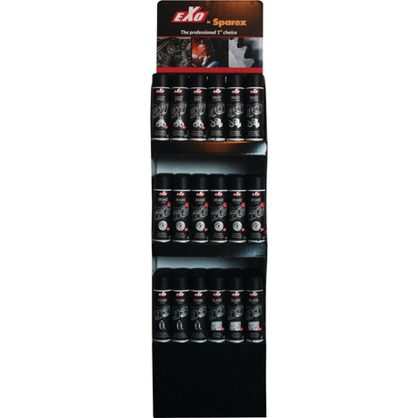 A display stand, identified as Sparex Part No.S.130320 and sold without stock, showcasing multiple cans of automotive products arranged in three rows. The top of the stand features Sparex branding, promotional text, and related products.