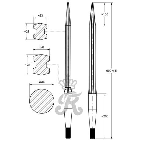 Loader Tine -  600mm, Thread size: M22 x 1.50 (H - fluted)
 - S.130800 - Farming Parts