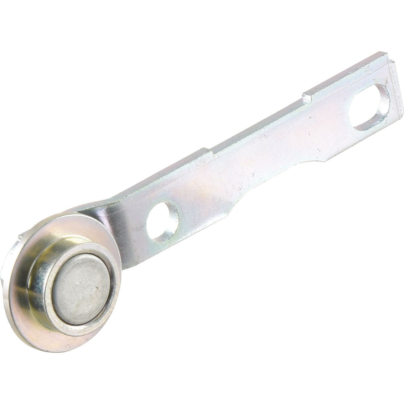 The Roller Guide (Upper), Sparex Part No. S.130859, is a metal rolling component featuring a circular wheel attached to an elongated bracket with holes for upper mounting. Ideal as a replacement part, it embodies Sparex's renowned quality and precision engineering.