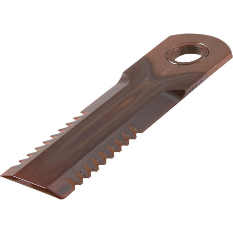 A close-up image of a rust-colored, serrated metal blade with a 20mm hole at one end, likely the Sparex Straw Chopper Blade - Serrated (175 x 50 x 4.5mm), part number S.131006 to fit Case IH equipment (193361A1).