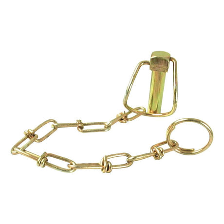 A brass keychain with interlinked rectangular and circular chain links, featuring a keyring at one end and a Sparex Stabiliser Pin on the other end. The pin has dimensions of Ø14mm x 67mm and is identified by Sparex Part No.S.13254.