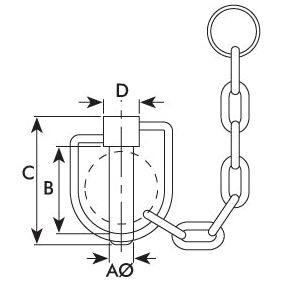 Technical drawing of a shackle with dimensions labeled as A, B, C, D, and Ø. The shackle is attached to a chain link with a ring at the end. Features include a Stabiliser Pin Ø14mm x 67mm from Sparex (Part No. S.13254) for added stability.