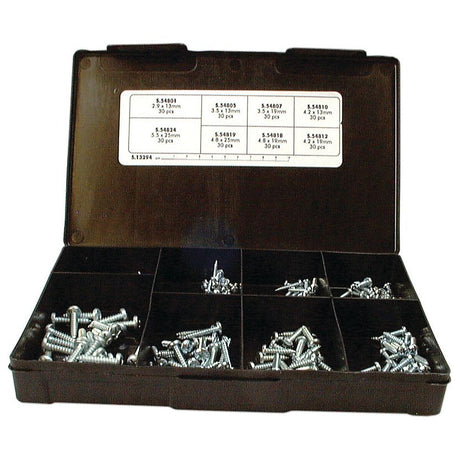 A Sparex black plastic organizer box, containing a variety of zinc plated screws including Metric Self Tapping Pozidrive Screws in sizes ranging from 2.9 to 5.5mm with lengths between 13mm and 25mm (DIN 7981B), sorted into multiple compartments. A label inside the lid displays different screw sizes and quantities, identified by Sparex Part No.S.13294.
