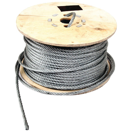 A wooden spool with partially unwound Sparex Wire Rope With Steel Core (Ø8mm x 110M) sits on a white background, showcasing the robust steel wire rope designed for a breaking load of 8443 lbs.