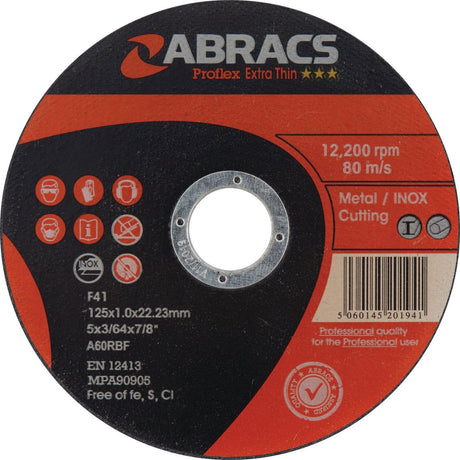 A red and black Sparex Metal | INOX Slitting Disc, product code S.13347, designed for metal and INOX cutting, with specifications of Ø125 x 1 x 22.23mm A60TBF and a maximum speed of 12,200 RPM.