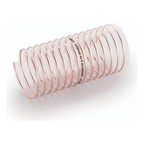 The Sparex Suction Hose (Superflex PU R), with a hose ID of 180mm (73/32''), is a coiled, transparent hose featuring light brown spiral reinforcement, making it suitable for diverse applications.