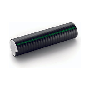 The Sparex Suction Hose (Merlett Superelastic) features a 38mm (1 1/2") internal diameter, a black ribbed cylindrical exterior with a white inner lining, and green text printed along its length. This hose is ideal for a variety of industrial applications. Product ID: S.135804.