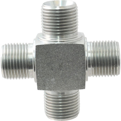 Image of a Sparex Male Cross - 1/4'' BSP pipe fitting, featuring four threaded ends arranged in a cross shape, Sparex Part No. S.136011.