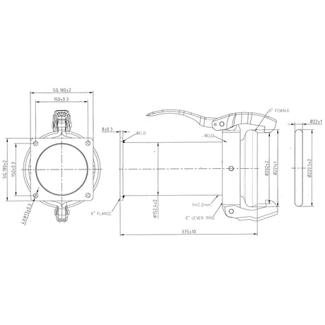 Coupling with Square Flange Long - Female 6'' (159mm) x 6'' (150mm) (Galvanised) - S.136624 - Farming Parts