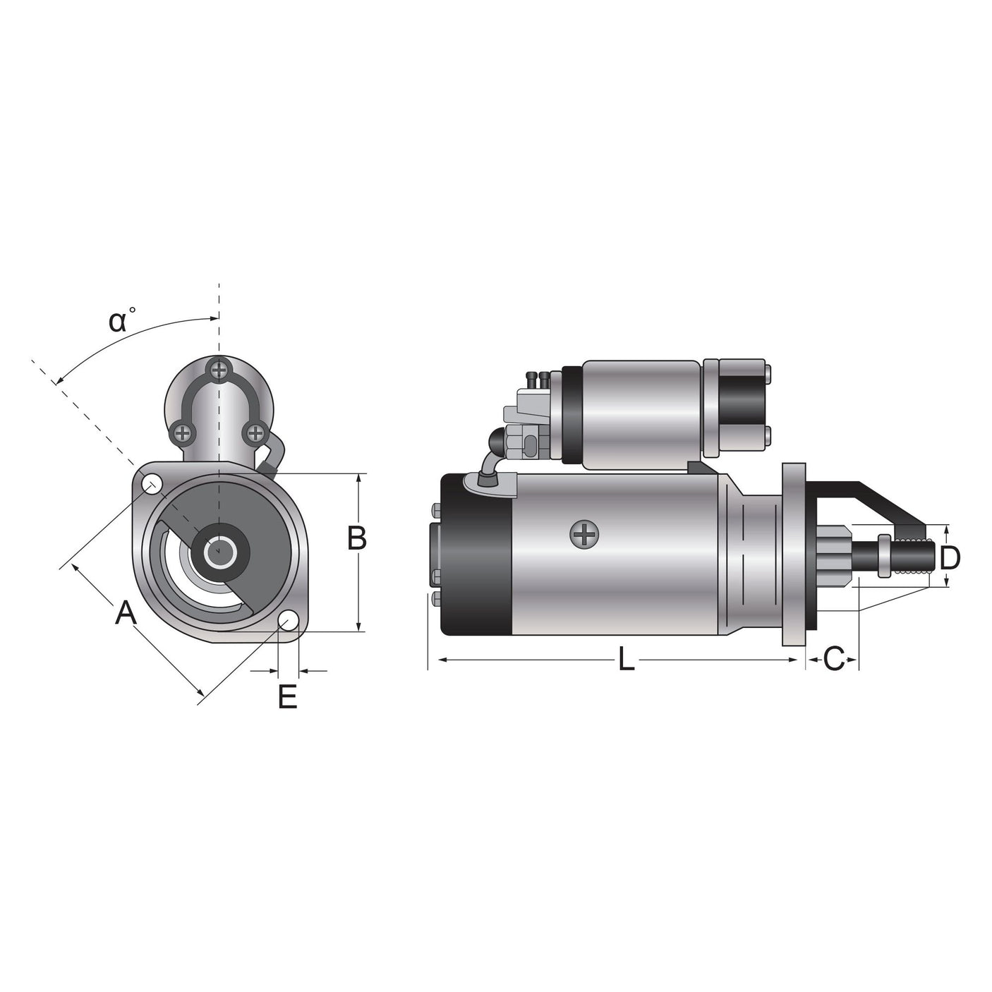 Technical drawings of the Starter Motor - 12V, 4Kw, Gear Reducted (Mahle) with front and side views. The dimensions are labeled as A, B, C, D, E, L, and α°. Ideal for 12V starter motor applications. This product is available under Sparex Part No.S.137304.