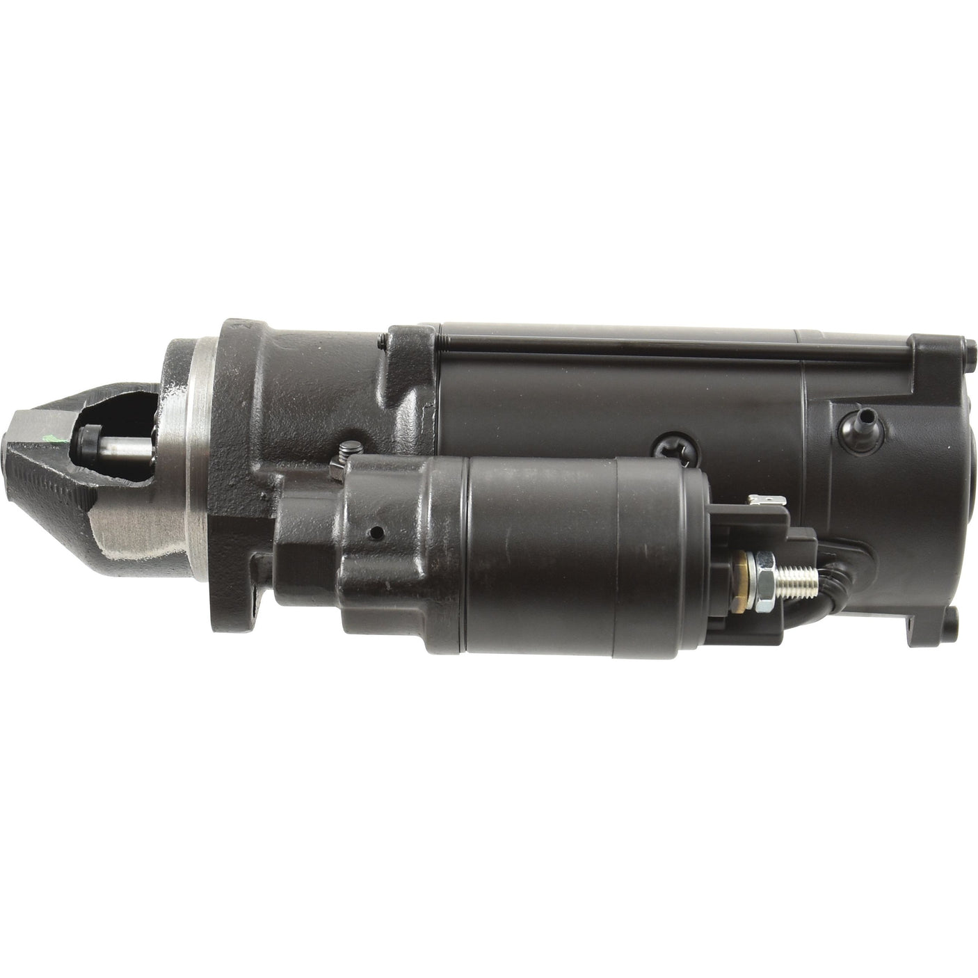 A close-up image of the Sparex Starter Motor - 12V, 4Kw, Gear Reducted (Mahle) | Sparex Part No.S.137304, showcasing its cylindrical body and two electrical connection points.