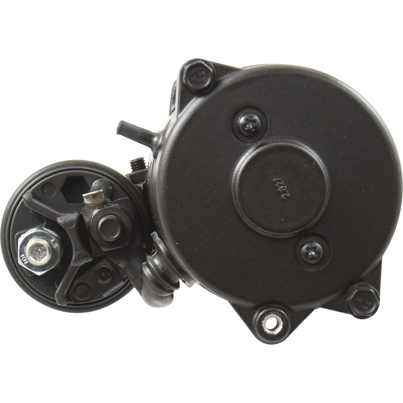 Close-up image of a black automotive power steering pump, showcasing its cylindrical and bolt features alongside a Sparex 12V, 4Kw, Gear Reducted Starter Motor (Mahle) - Sparex Part No.S.137304.