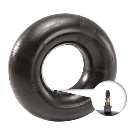 A black inner tube made from rubber, showcasing a detailed view of the Sparex TR218-A straight valve stem, designed for air and water applications. The product is known as the Inner Tube, 11.2/20 - 20 by Sparex (Part No.S.137553).