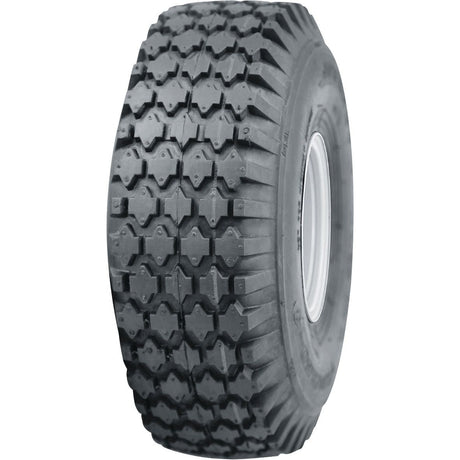 A close-up view of the Sparex Tyre & Tube Set, 4.80/4.00 - 8, 4PR, TR13 Straight Valve - S.137615 showcasing its rugged tread pattern designed for enhanced traction on various terrains. The tire is positioned upright against a plain white background, highlighting detailed manufacture information.