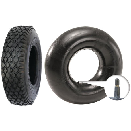 A Sparex Tyre & Tube Set, 4.80/4.00 - 8, 4PR, TR13 Straight Valve - S.137616 is shown next to its inner tube, suitable for various terrains, with a close-up inset of its valve stem.