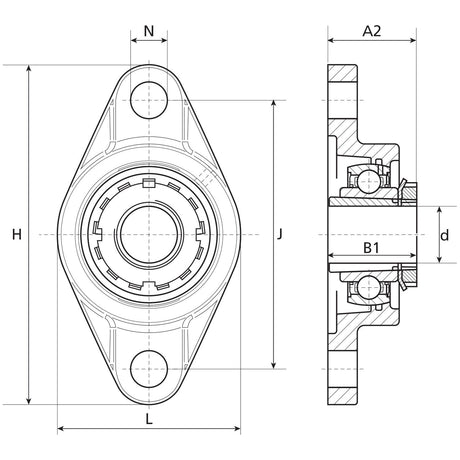 Technical mechanical drawing showing front and side views of the NTN SNR Two-Bolt Flanged Unit Taper Bore (UKFL210H) | Sparex Part No. S.138404, with labeled dimensions for height (H), width (L), distance between mounting holes (J), and various sectional measurements. This Sparex branded unit also includes detailed information on the taper bore.