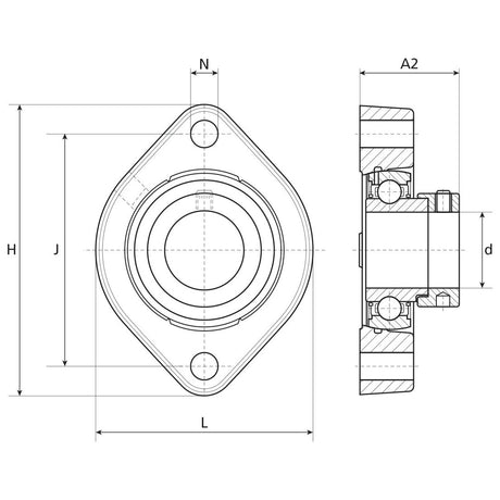 Technical drawing of a mechanical component featuring front and side views and labeled dimensions, including H, J, L, N, A2, and d. Additionally showcases a Sparex NTN SNR Two-Bolt Flanged Unit (ESFD206), bearing model ESFD206 with part number S.138490.