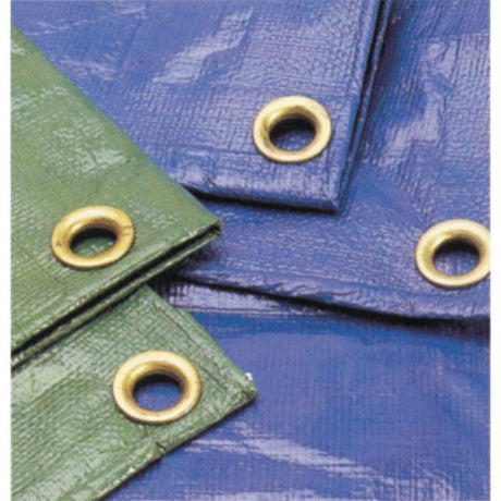 Close-up image of Sparex Tarpaulin - 3.5 x 5.4M - S.13900 in green and blue, featuring brass grommets and suitable for various applications.