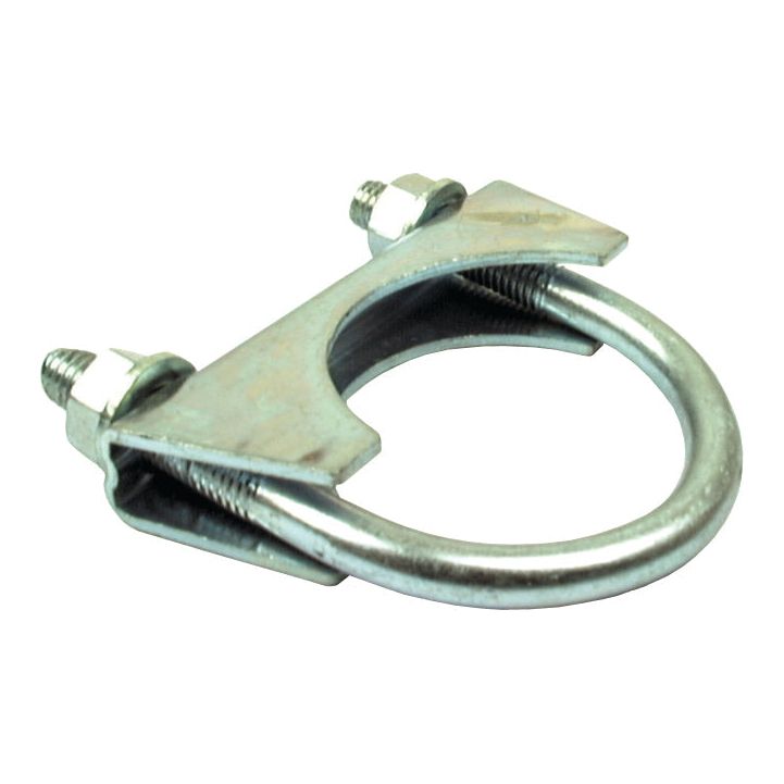 The Sparex Silencer Clamp (Sparex Part No. S.13915) features a 75mm metal diameter and includes two bolts and nuts, designed for securing pipes and is compatible with Massey Ferguson machinery.