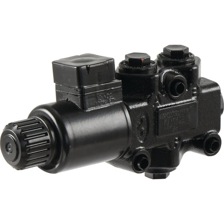 Close-up of a Sparex Walvoil Hydraulic Electric Diverter Valve featuring three 3/8'' BSP ports, a knob on one end, and designed to handle a flow rate of 30 L/min at 12V (DC).