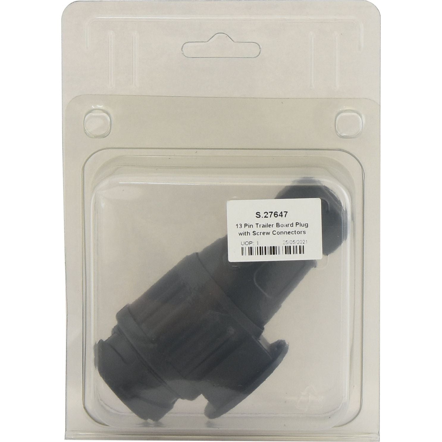 The 13 Pin Trailer Board Plug with Screw Connectors (Sparex Part No. S.27647) by Sparex, suitable for 12/24V systems, is displayed in its transparent plastic packaging.