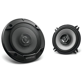 Two Sparex 13cm Flush Mount Speakers (Product Code: S.147877) by Kenwood, one facing front and the other angled slightly, featuring a 25mm balanced dome tweeter and displayed on a white background.