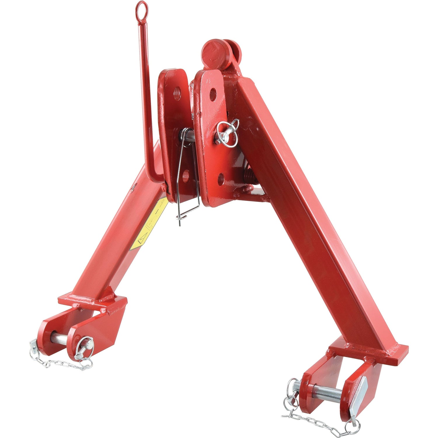 The A Frame Quick Hitch System (Cat.0) CE Approved - S.140555 by Sparex is a red three-point hitch attachment for tractors, featuring pins and chains for secure connection with a Cat. 0 load capacity.