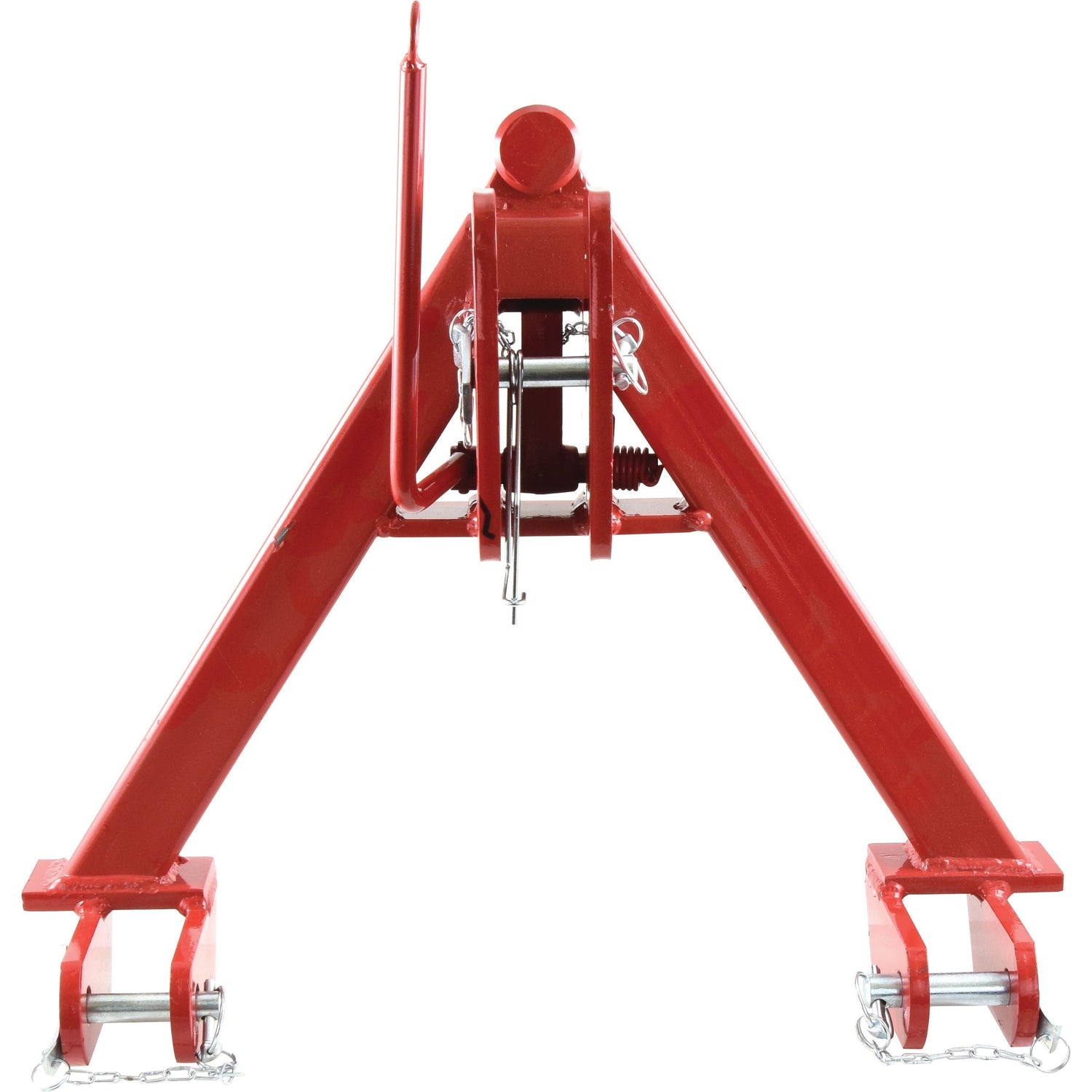 The Sparex A Frame Quick Hitch System (Cat.0) CE Approved - S.140555 is a red triangular three-point tractor hitch with hooks and chains, designed for attaching implements to a tractor and ensuring reliable use.