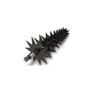 The Agri-Fab - 41 Smartlink Spike Aerator - 45-0458 features a black drum with multiple spiked blades attached to a central metal rod, designed for efficient soil aeration. With dimensions of 41 x 8 x 8 and SmartLINK compatibility, this tool by Agri-Fab ensures your lawn stays healthy and well-aerated.