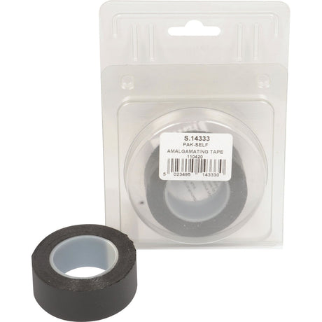 A black roll of self-amalgamating tape is displayed both in and out of its plastic packaging. The label reads "S.14333" and "Self Amalgamating Tape 25mm x 3m," branded by Sparex.