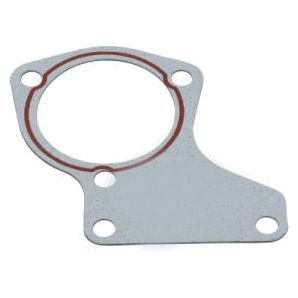 The Sparex Thermostat Gasket, Part No. S.143652, is a metallic gasket featuring four bolt holes and a central circular opening, with a red seal line around the inner circumference, making it ideal for Case IH and Ford / New Holland applications.