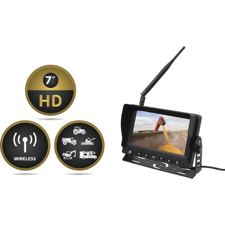 A 7-inch HD wireless monitor, the Wireless Replacement Monitor (7'') by Sparex (Part No. S.143672), displays a rearview image alongside icons representing its HD quality, wireless functionality, and compatibility with various vehicles including cars, trucks, and RVs.