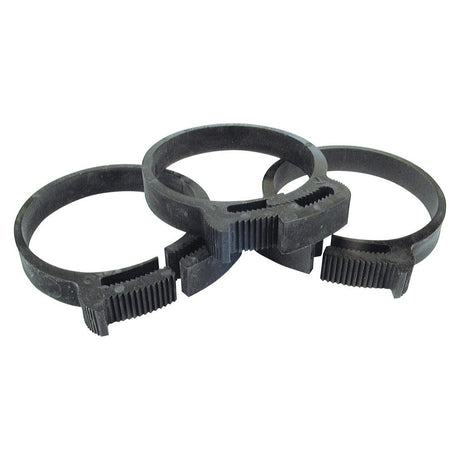 Three Sparex black nylon hose clips with ratchet mechanisms, which have a minimum diameter of 12mm and a maximum diameter of 15mm (Sparex Part No.S.14377), are arranged in a connected, overlapping formation.