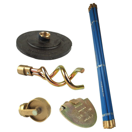 The DRAIN MAINTENANCE ROD KIT (Sparex Part No. S.14386) by Sparex includes essential concrete slab lifting tools such as blue drain rods, a plunger disc with a brass fitting, a twisting worm screw component, a roller-like tool, and a flat metal piece with a groove.