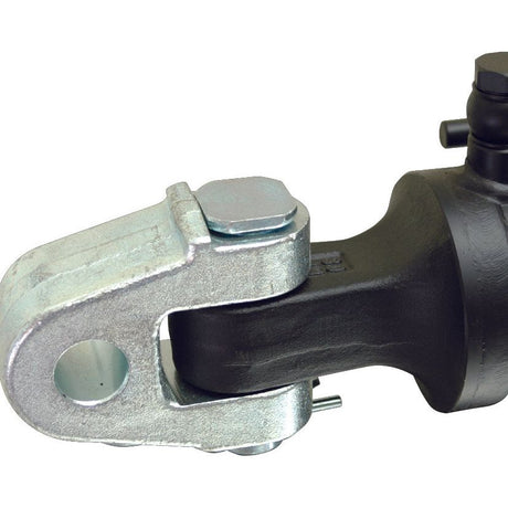 Close-up of a mechanical component featuring the JMCE DEALS *SPECIAL PRICE* - Hydraulic Top Link (Cat.3/3) Knuckle and Q.R CBM Hook, with a 90mm cylinder bore attached to a cylindrical part. The image showcases detailed textures of the metal and assembly, emphasizing the precision engineering characteristic of systems like this Hydraulic Top Link.