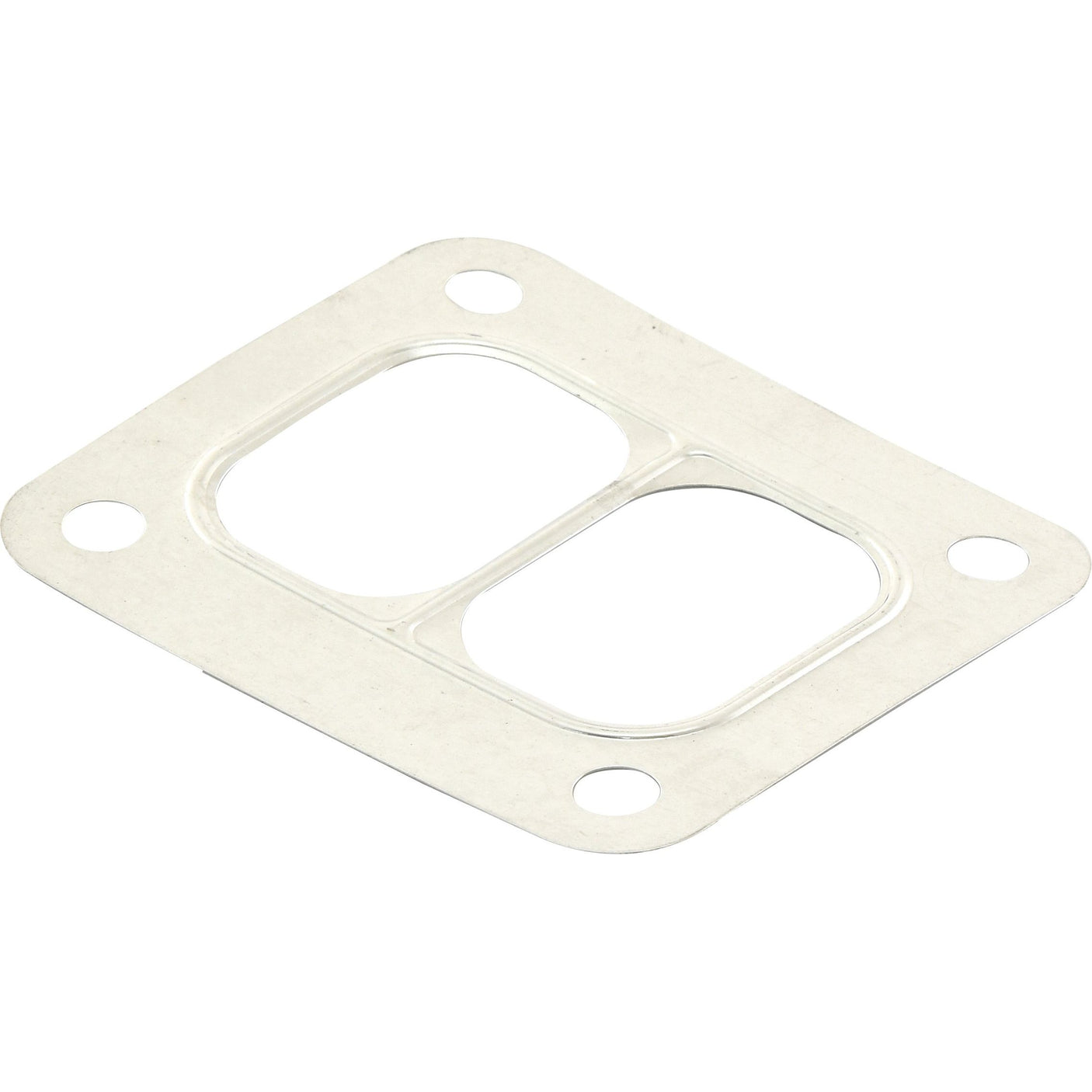 A white rectangular turbo gasket with four bolt holes and two rectangular cutouts, compatible with John Deere equipment. This product is the Turbo Gasket (4045, 6068) from Sparex, Part No.S.144310.