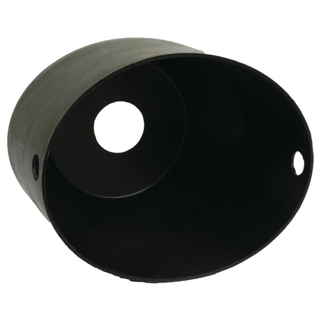 A black, cylindrical plastic object with an open end and two circular holes on its sides, resembling the Sparex PTO Shield (Oval) 210mm x 294mm | Sparex Part No.S.14434.