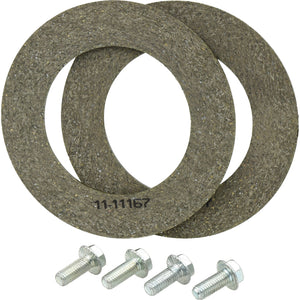 The TorQmaster Friction Clutch Repair Kit from Sparex (Sparex Part No.S.144364) features two round friction discs with textured surfaces and four short bolts with hexagonal heads on a white background.