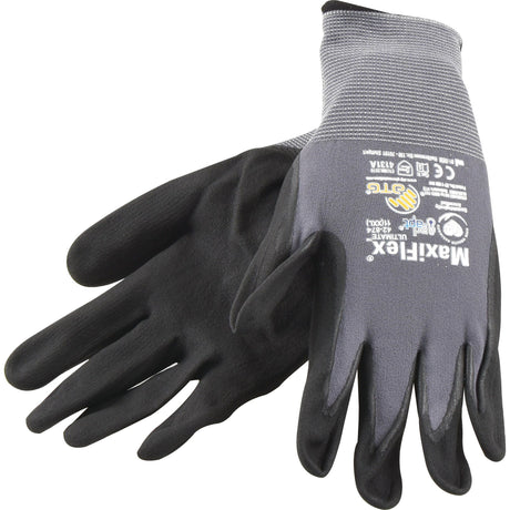 A pair of black and gray Sparex Maxiflex Ultimate - 11/XXL - S.144370 work gloves with text and logos on the back, featuring breathable handling glove technology for utmost comfort.