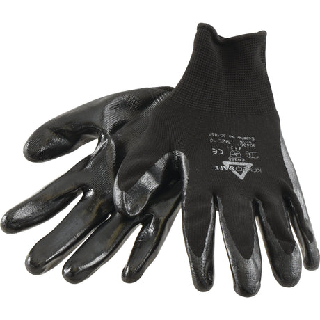 A pair of Sparex Nytec Glove - 10/XL - S.144383, featuring black rubber-coated material with white text and symbols, is shown against a white background. The nitrile coating provides superior abrasion resistance, ensuring durability and protection for various tasks.