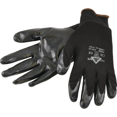 The Nytec Glove - 9/L - S.144386 by Sparex is a pair of black, rubber-coated work gloves featuring textured palms and fabric backs, with a nitrile coating for enhanced abrasion resistance.