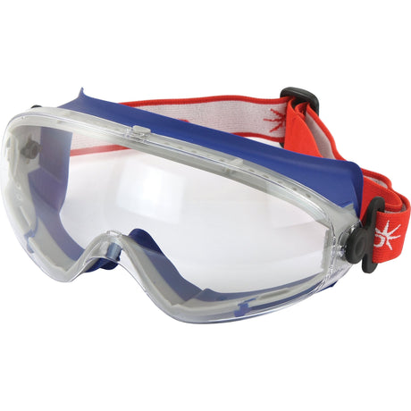 The Protective Ski Style Wide Vision Goggles - S.144406 by Sparex feature a blue frame and red adjustable strap, offering an exceptional fit and comfort for prolonged use.